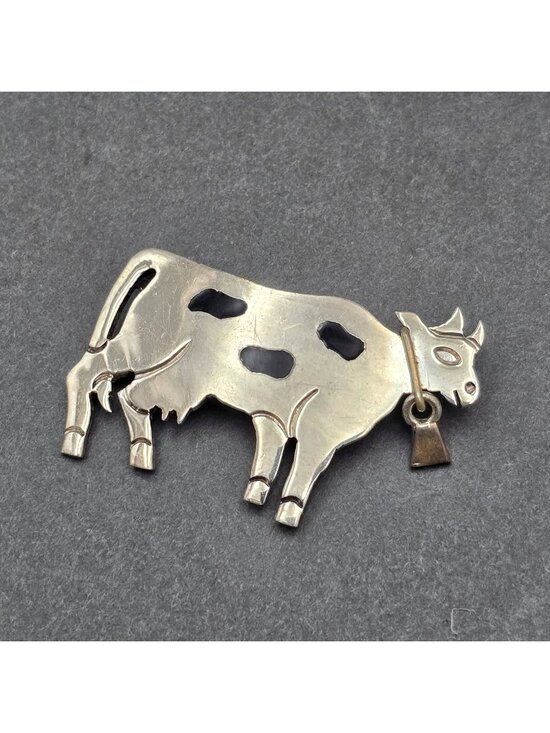 Taxco Jewelry - Vintage Taxco Sterling Silver Cow Brooch 1.75" Articulated Bell Pendant TV-94